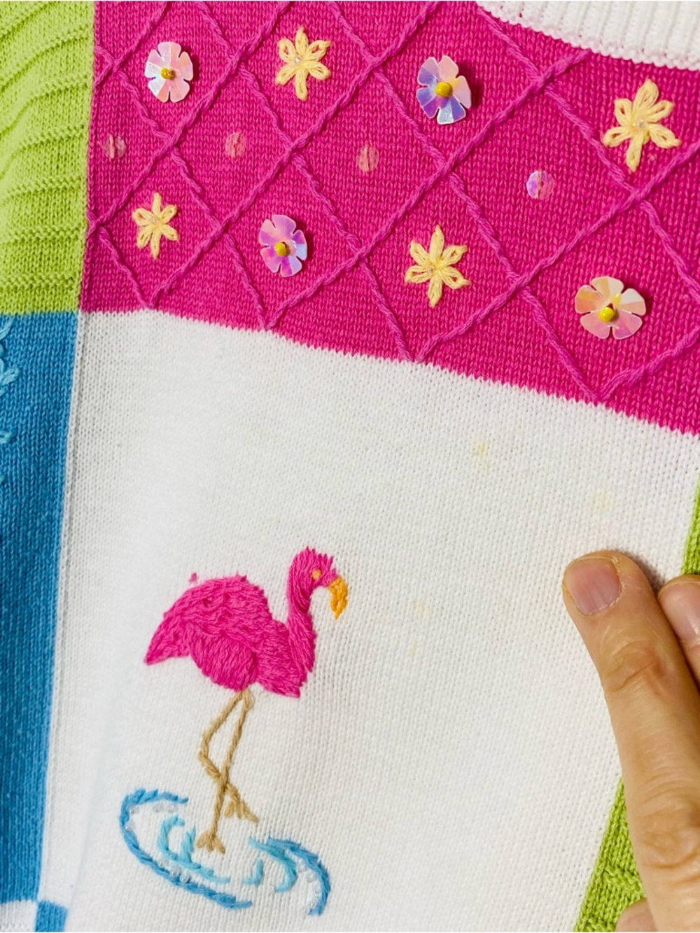 VINTAGE ALFRED DUNNER Patchwork Flamingo Floral Sweater - Picture 5 of 6